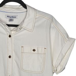Tommy Bahama Top Women's M Costal Twill Point Collar Short Sleeve White Beach